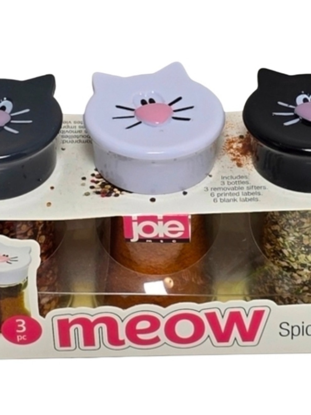 Joie Meow Cat Spice Jars - Black & White Lids with Pink Accents (3-Pack)